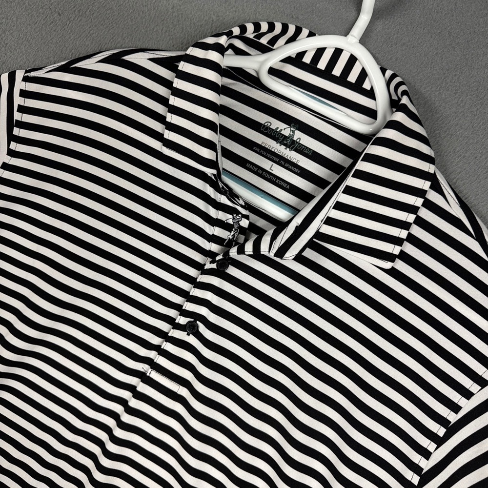 Bobby Jones Polo Shirt Mens Large Black White Striped Performance Stretch Golf